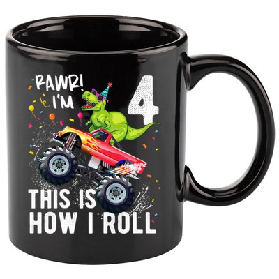Cute Funny T Rex Dinosaur Monster Truck Gift 4th Birthday Boys And Girls Gift 11oz C Handle Ceramic Mug