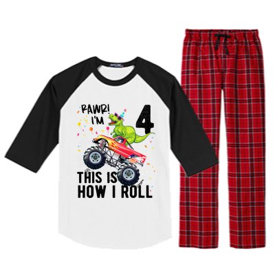 Cute Funny T Rex Dinosaur Monster Truck Gift 4th Birthday Boys And Girls Gift Raglan Sleeve Pajama Set