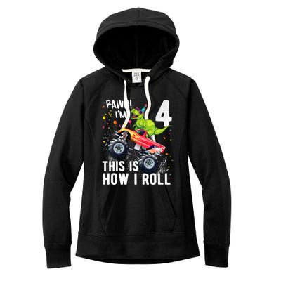 Cute Funny T Rex Dinosaur Monster Truck Gift 4th Birthday Boys And Girls Gift Women's Fleece Hoodie