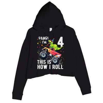 Cute Funny T Rex Dinosaur Monster Truck Gift 4th Birthday Boys And Girls Gift Crop Fleece Hoodie