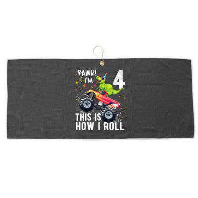 Cute Funny T Rex Dinosaur Monster Truck Gift 4th Birthday Boys And Girls Gift Large Microfiber Waffle Golf Towel