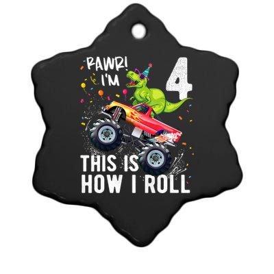 Cute Funny T Rex Dinosaur Monster Truck Gift 4th Birthday Boys And Girls Gift Ceramic Star Ornament