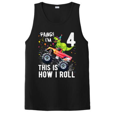 Cute Funny T Rex Dinosaur Monster Truck Gift 4th Birthday Boys And Girls Gift PosiCharge Competitor Tank