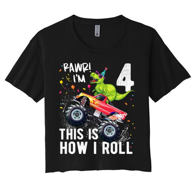 Cute Funny T Rex Dinosaur Monster Truck Gift 4th Birthday Boys And Girls Gift Crop Top