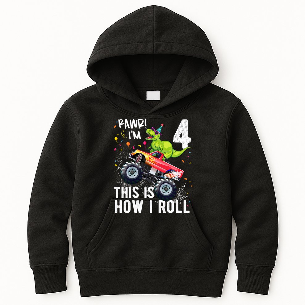 Cute Funny T Rex Dinosaur Monster Truck Gift 4th Birthday Boys And Girls Gift Kids Hoodie