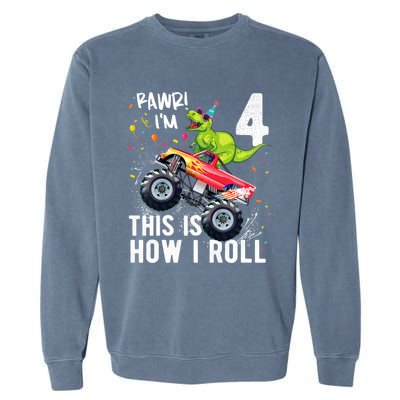 Cute Funny T Rex Dinosaur Monster Truck Gift 4th Birthday Boys And Girls Gift Garment-Dyed Sweatshirt