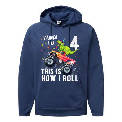 Cute Funny T Rex Dinosaur Monster Truck Gift 4th Birthday Boys And Girls Gift Performance Fleece Hoodie