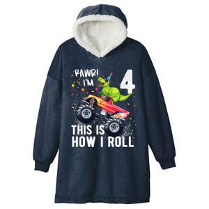 Cute Funny T Rex Dinosaur Monster Truck Gift 4th Birthday Boys And Girls Gift Hooded Wearable Blanket