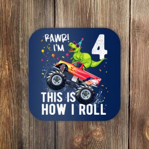 Cute Funny T Rex Dinosaur Monster Truck Gift 4th Birthday Boys And Girls Gift Coaster