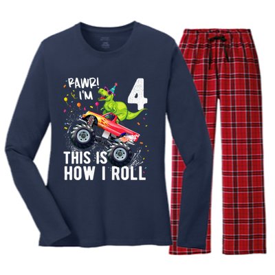 Cute Funny T Rex Dinosaur Monster Truck Gift 4th Birthday Boys And Girls Gift Women's Long Sleeve Flannel Pajama Set 