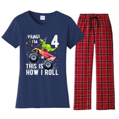 Cute Funny T Rex Dinosaur Monster Truck Gift 4th Birthday Boys And Girls Gift Women's Flannel Pajama Set