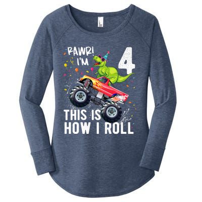 Cute Funny T Rex Dinosaur Monster Truck Gift 4th Birthday Boys And Girls Gift Women's Perfect Tri Tunic Long Sleeve Shirt