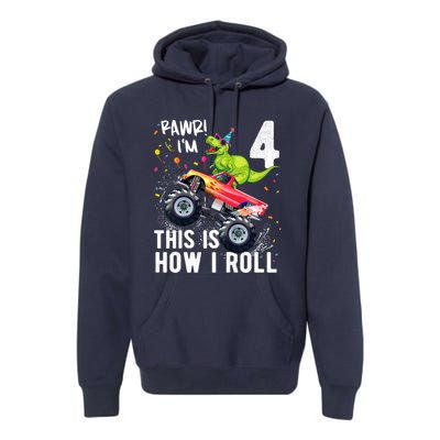 Cute Funny T Rex Dinosaur Monster Truck Gift 4th Birthday Boys And Girls Gift Premium Hoodie