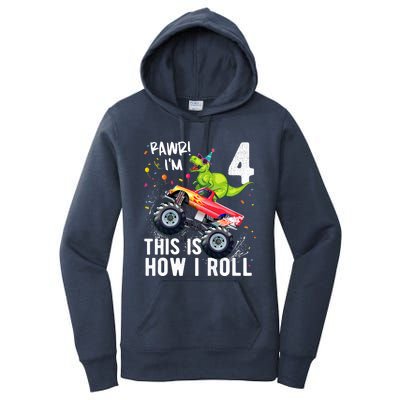 Cute Funny T Rex Dinosaur Monster Truck Gift 4th Birthday Boys And Girls Gift Women's Pullover Hoodie