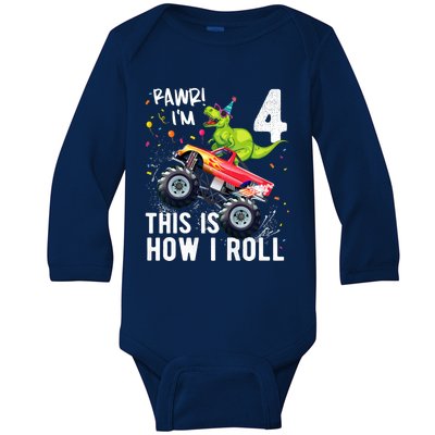 Cute Funny T Rex Dinosaur Monster Truck Gift 4th Birthday Boys And Girls Gift Baby Long Sleeve Bodysuit