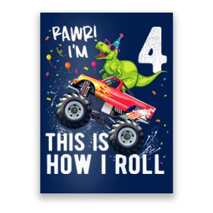 Cute Funny T Rex Dinosaur Monster Truck Gift 4th Birthday Boys And Girls Gift Poster