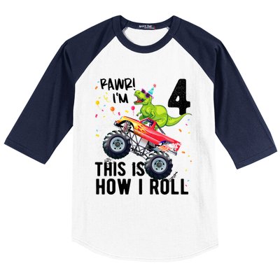 Cute Funny T Rex Dinosaur Monster Truck Gift 4th Birthday Boys And Girls Gift Baseball Sleeve Shirt