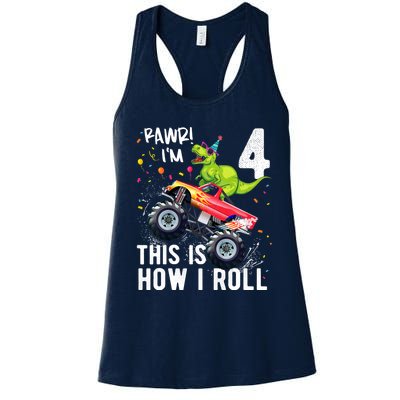 Cute Funny T Rex Dinosaur Monster Truck Gift 4th Birthday Boys And Girls Gift Women's Racerback Tank