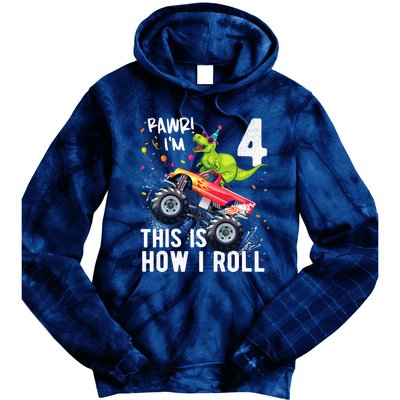 Cute Funny T Rex Dinosaur Monster Truck Gift 4th Birthday Boys And Girls Gift Tie Dye Hoodie