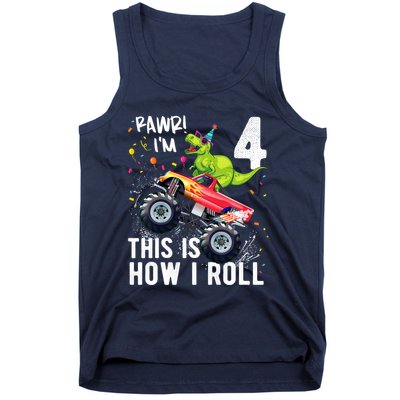 Cute Funny T Rex Dinosaur Monster Truck Gift 4th Birthday Boys And Girls Gift Tank Top