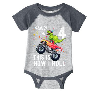 Cute Funny T Rex Dinosaur Monster Truck Gift 4th Birthday Boys And Girls Gift Infant Baby Jersey Bodysuit