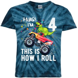 Cute Funny T Rex Dinosaur Monster Truck Gift 4th Birthday Boys And Girls Gift Kids Tie-Dye T-Shirt