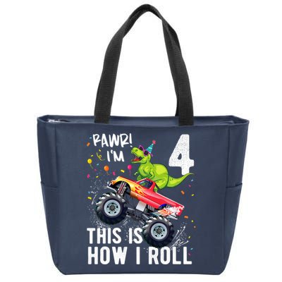 Cute Funny T Rex Dinosaur Monster Truck Gift 4th Birthday Boys And Girls Gift Zip Tote Bag