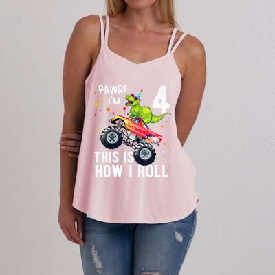 Cute Funny T Rex Dinosaur Monster Truck Gift 4th Birthday Boys And Girls Gift Women's Strappy Tank