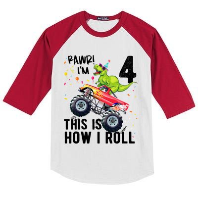 Cute Funny T Rex Dinosaur Monster Truck Gift 4th Birthday Boys And Girls Gift Kids Colorblock Raglan Jersey