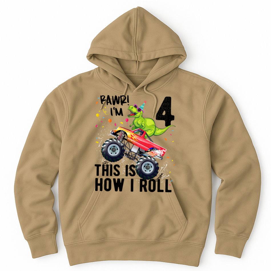 Cute Funny T Rex Dinosaur Monster Truck Gift 4th Birthday Boys And Girls Gift Hoodie