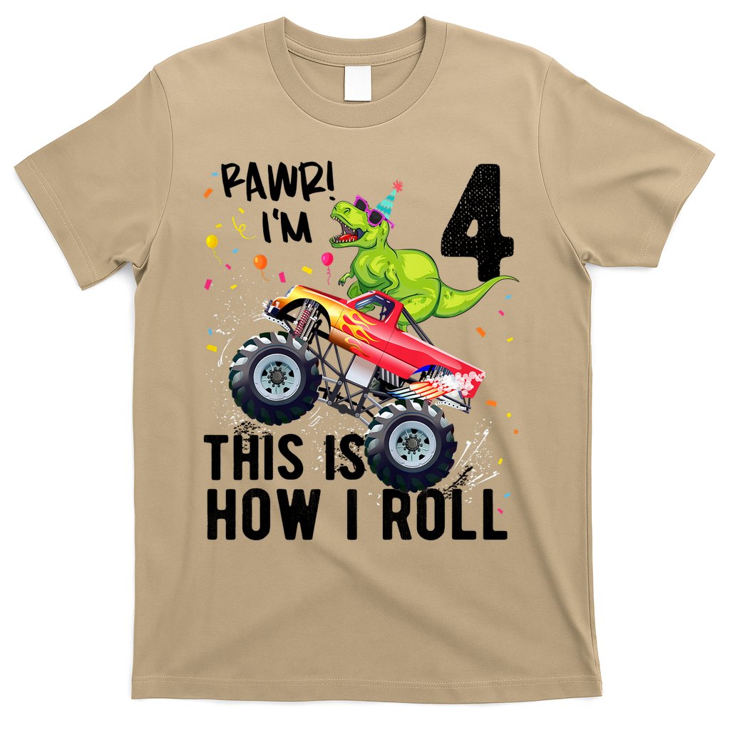 Cute Funny T Rex Dinosaur Monster Truck Gift 4th Birthday Boys And Girls Gift T-Shirt