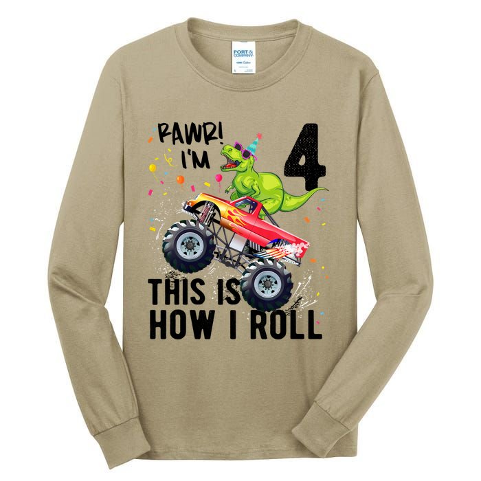 Cute Funny T Rex Dinosaur Monster Truck Gift 4th Birthday Boys And Girls Gift Tall Long Sleeve T-Shirt