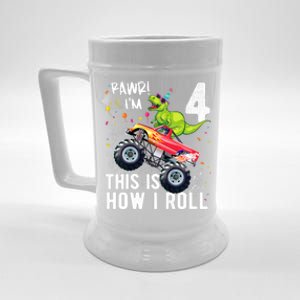 Cute Funny T Rex Dinosaur Monster Truck Gift 4th Birthday Boys And Girls Gift Beer Stein