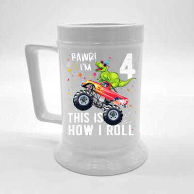 Cute Funny T Rex Dinosaur Monster Truck Gift 4th Birthday Boys And Girls Gift Beer Stein