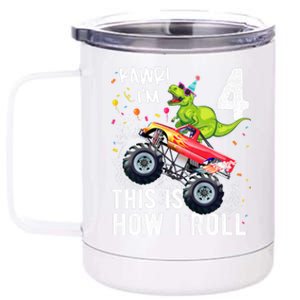 Cute Funny T Rex Dinosaur Monster Truck Gift 4th Birthday Boys And Girls Gift 12 oz Stainless Steel Tumbler Cup