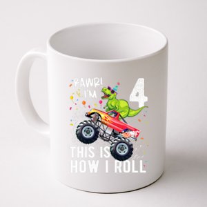 Cute Funny T Rex Dinosaur Monster Truck Gift 4th Birthday Boys And Girls Gift Coffee Mug