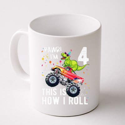 Cute Funny T Rex Dinosaur Monster Truck Gift 4th Birthday Boys And Girls Gift Coffee Mug