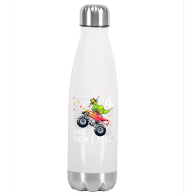 Cute Funny T Rex Dinosaur Monster Truck Gift 4th Birthday Boys And Girls Gift Stainless Steel Insulated Water Bottle