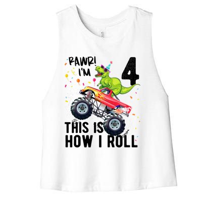 Cute Funny T Rex Dinosaur Monster Truck Gift 4th Birthday Boys And Girls Gift Women's Racerback Cropped Tank