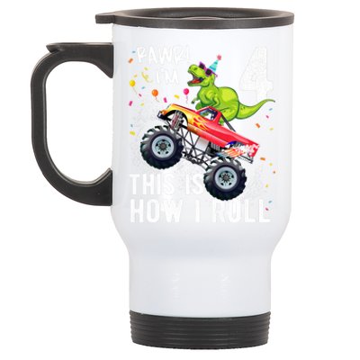 Cute Funny T Rex Dinosaur Monster Truck Gift 4th Birthday Boys And Girls Gift Stainless Steel Travel Mug