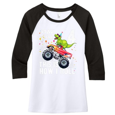 Cute Funny T Rex Dinosaur Monster Truck Gift 4th Birthday Boys And Girls Gift Women's Tri-Blend 3/4-Sleeve Raglan Shirt