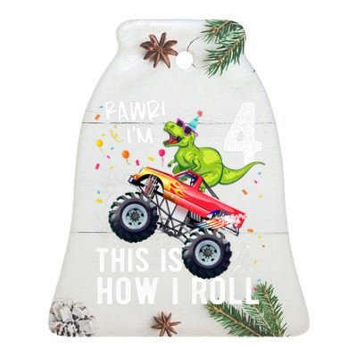 Cute Funny T Rex Dinosaur Monster Truck Gift 4th Birthday Boys And Girls Gift Ceramic Bell Ornament