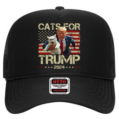 Cats For Trump 2024 Funny Vote Donald Trump High Crown Mesh Back Trucker Hat