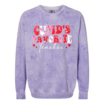 Cupid's Favorite Teacher Groovy Valentines Day Wo Colorblast Crewneck Sweatshirt