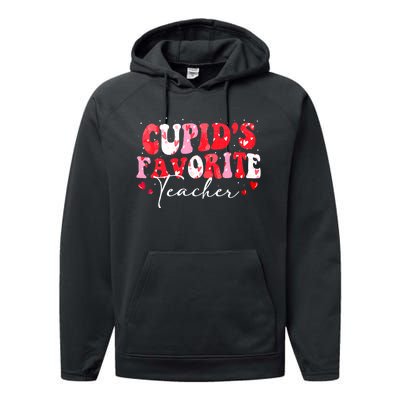 Cupid's Favorite Teacher Groovy Valentines Day Wo Performance Fleece Hoodie