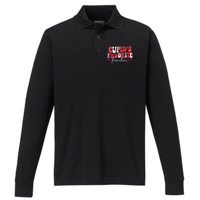 Cupid's Favorite Teacher Groovy Valentines Day Wo Performance Long Sleeve Polo