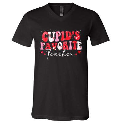 Cupid's Favorite Teacher Groovy Valentines Day Wo V-Neck T-Shirt