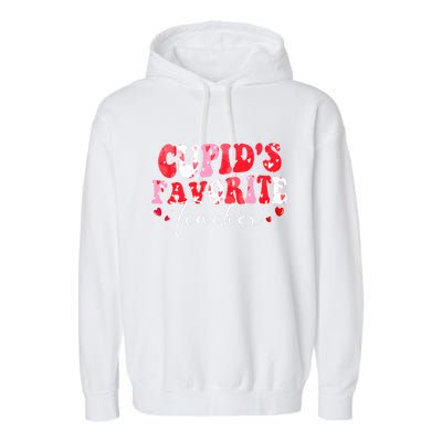 Cupid's Favorite Teacher Groovy Valentines Day Wo Garment-Dyed Fleece Hoodie