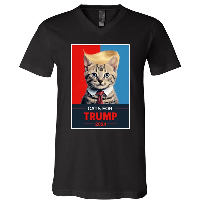 Cats For Trump 2024 Election Funny Trump Cats Lovers V-Neck T-Shirt