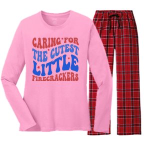 Caring For The Cutest Little Firecrackers 4th Of July Women's Long Sleeve Flannel Pajama Set 